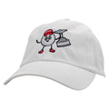 Side of a white performance hat with an embroidered graphic of a personified golf ball.