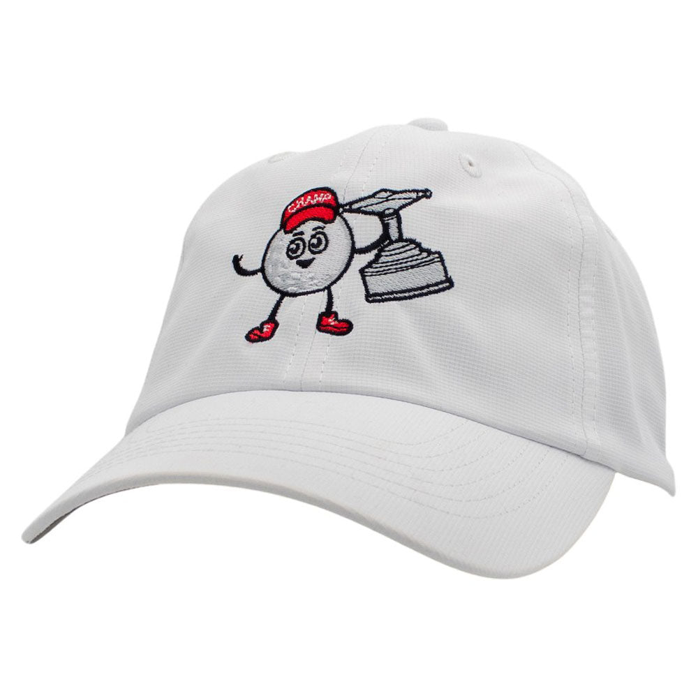 Side of a white performance hat with an embroidered graphic of a personified golf ball.