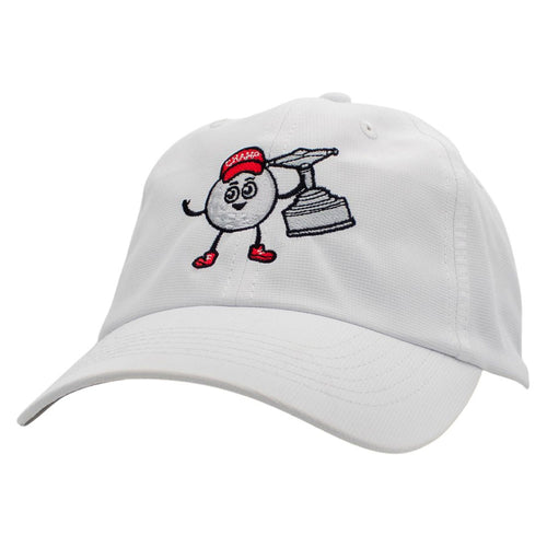 Side of a white performance hat with an embroidered graphic of a personified golf ball.