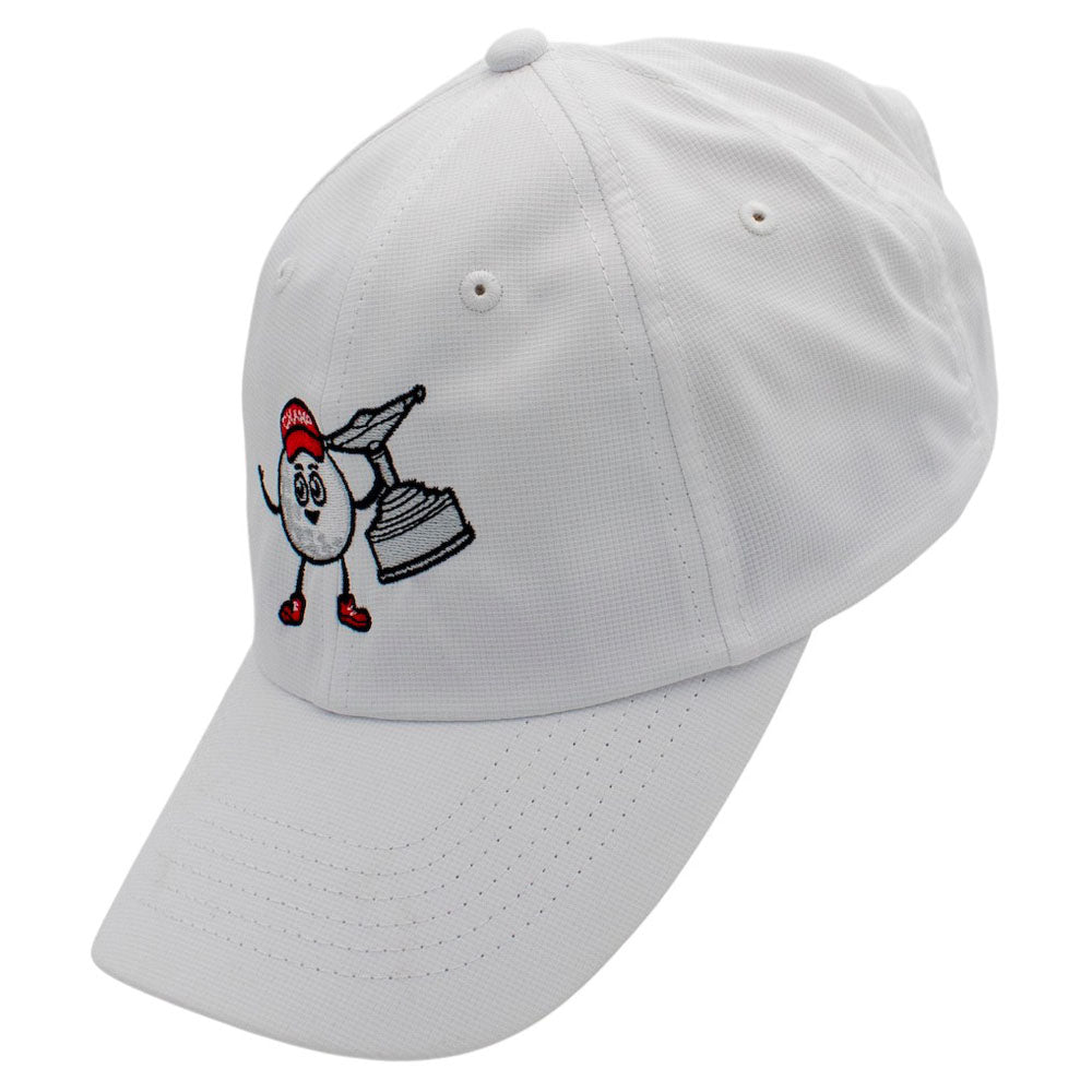 White cap with cartoon character and trophy design on a white background