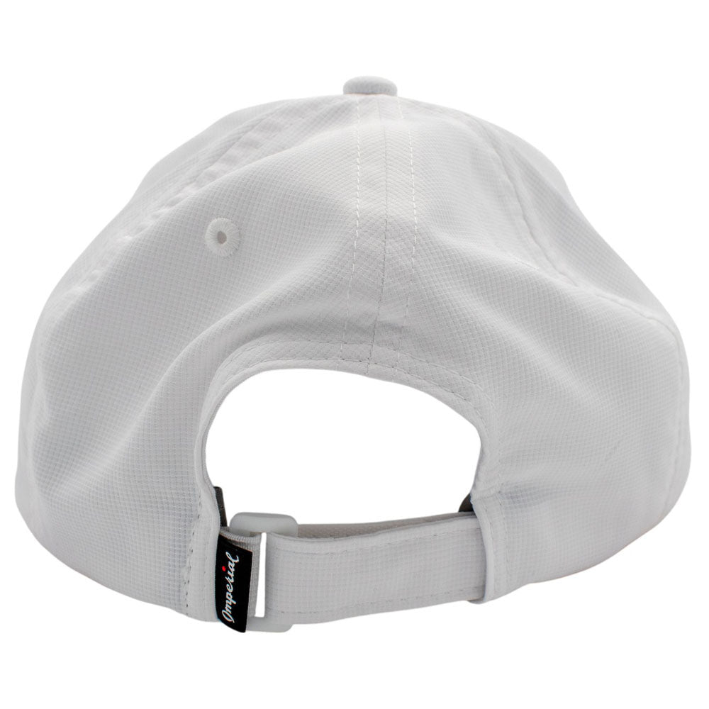 Back of a white cap with a velcro closure.