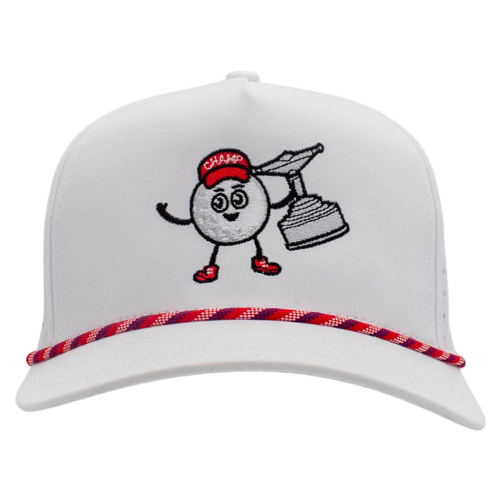 Front of a white hat with a red, white, and blue rope across the bill. Embroidered on the front is a cartoon golf ball with a trophy and a red champ hat.