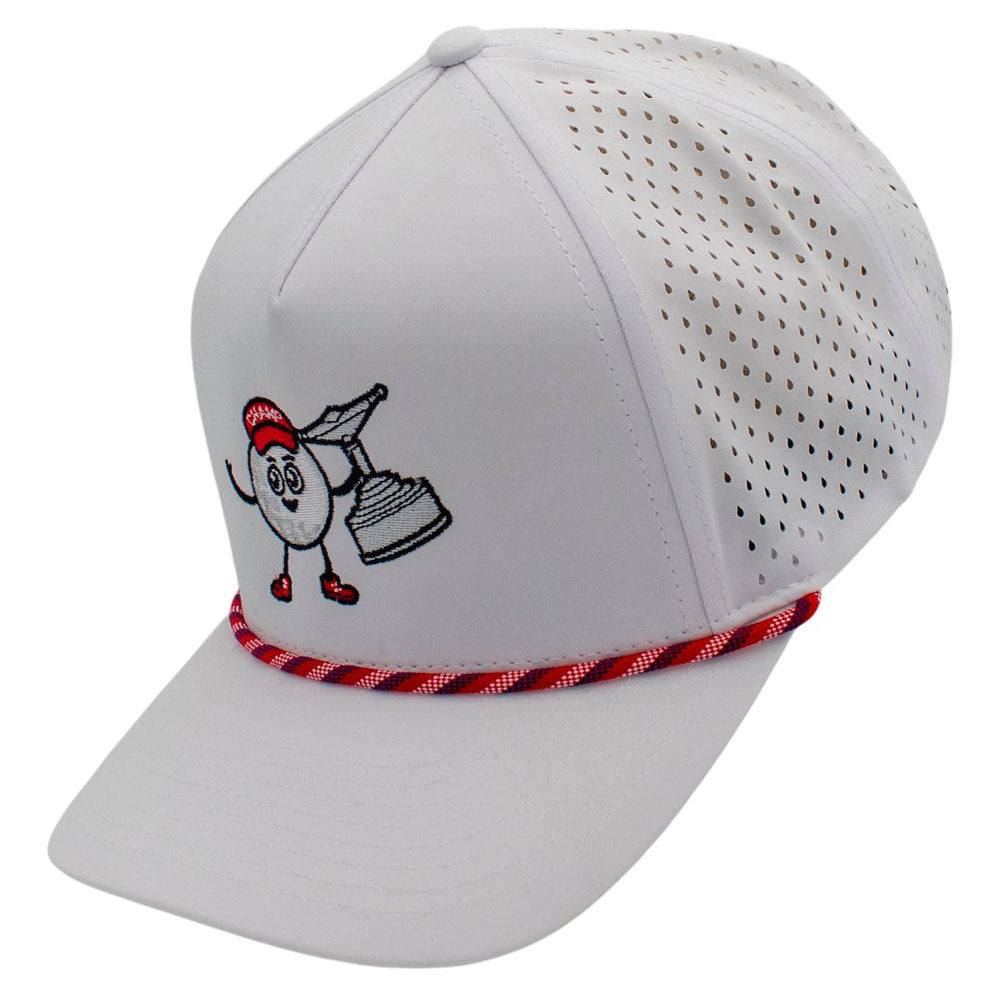 Side of a white hat with a rope across the bill. Embroidered on the front is a cartoon golf ball with a trophy and a red champ hat.