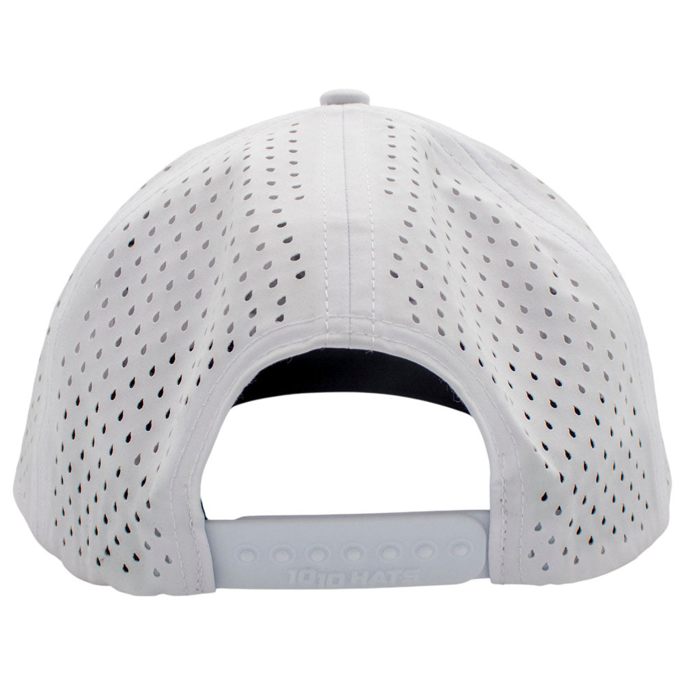 White baseball cap with a perforated mesh back and a snapback closure.