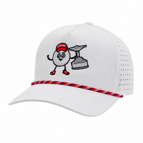A white hat with a red, white, and blue rope across the bill. Embroidered on the front is a cartoon golf ball with a trophy and a red champ hat.
