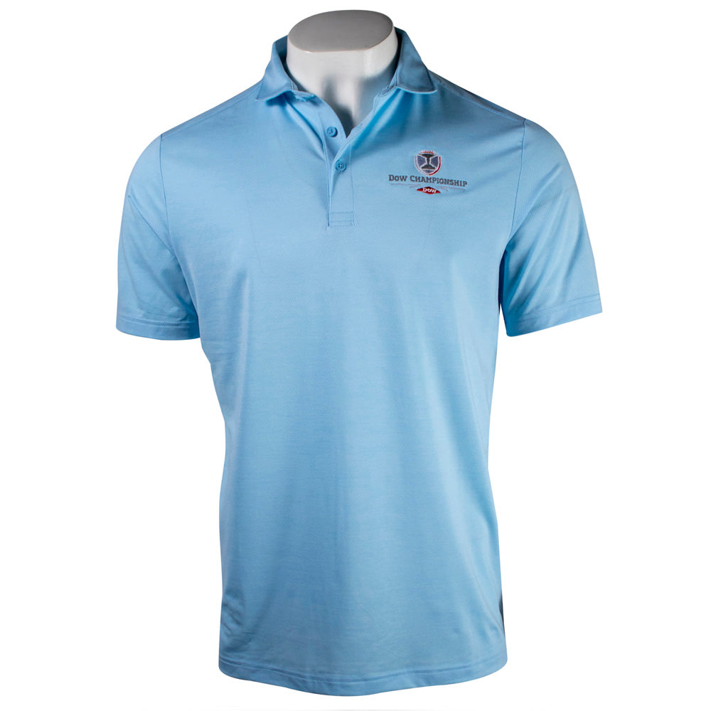 Light blue polo with a small dow championship logo on the chest. 