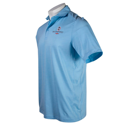 Side of a light blue polo with a small dow championship logo on the chest. 