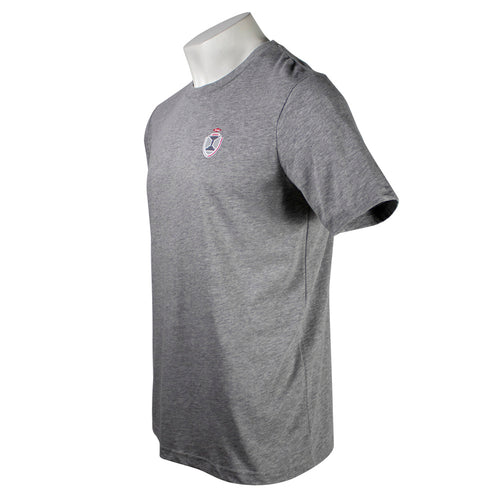 Side of a gray t-shirt with a small logo on the left side of the chest.