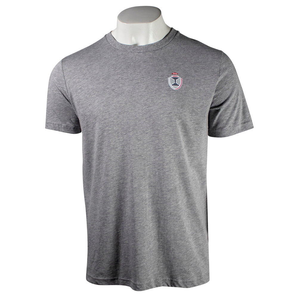 Gray t-shirt with a small logo on the left side of the chest.