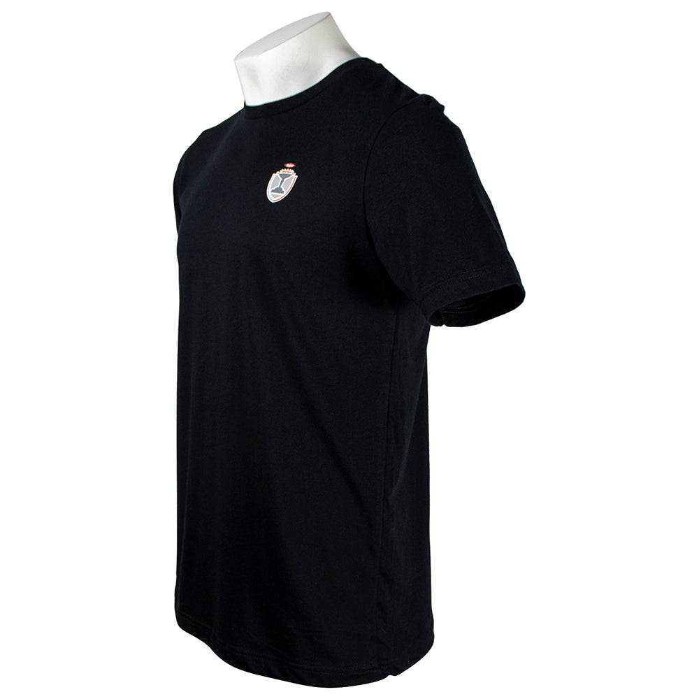 Side of a black t-shirt with a small logo on the left chest.
