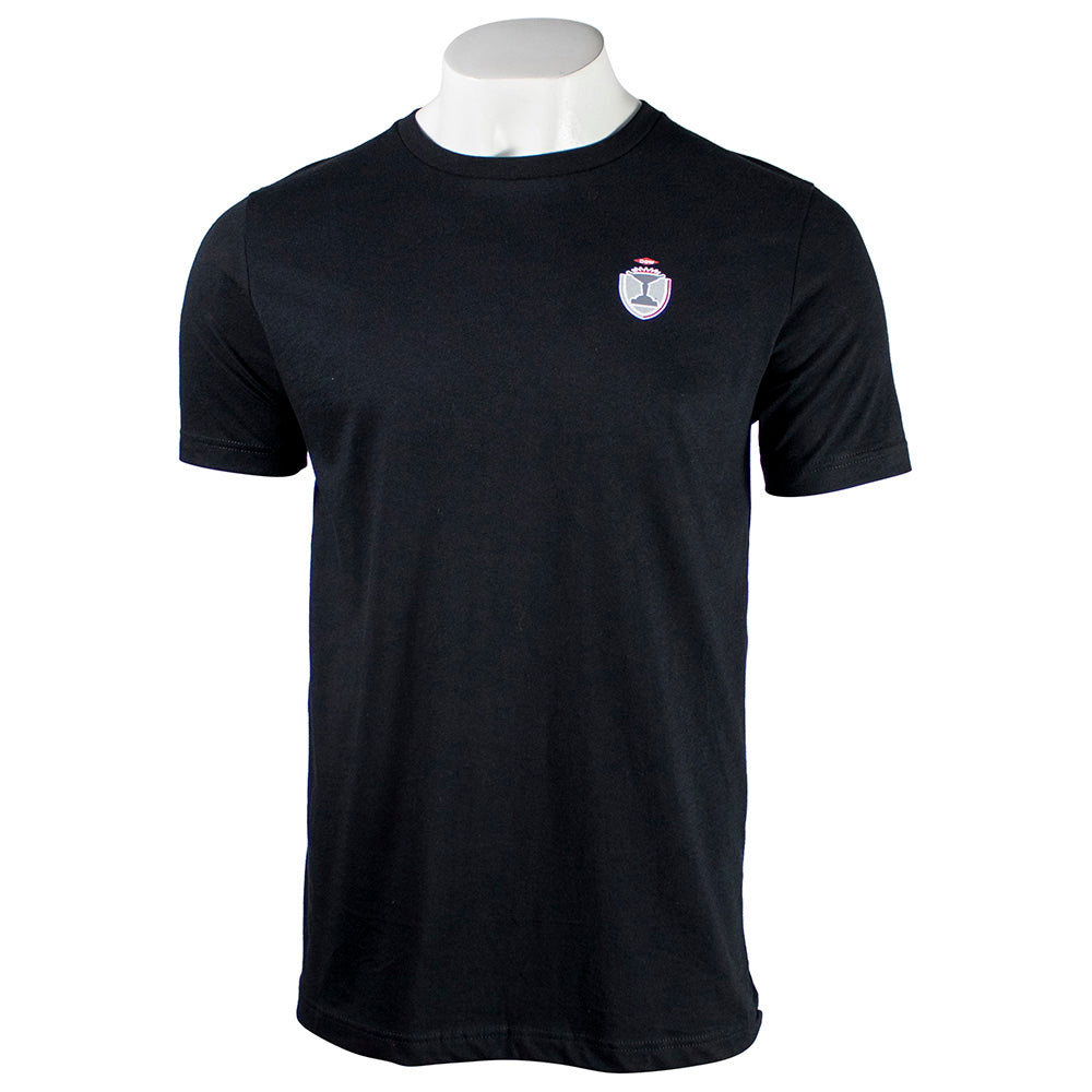 Black t-shirt with a small logo on the left chest.