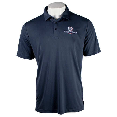 Navy mens polo with a small dow championship logo on the chest.