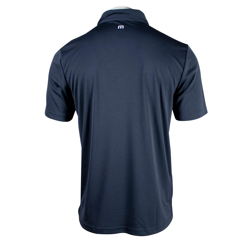 Back of a navy blue polo shirt against a white background.