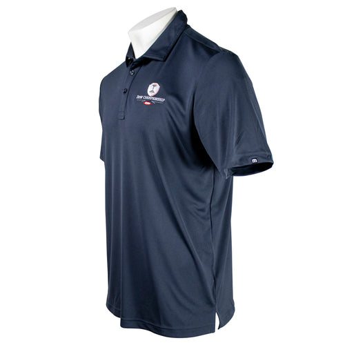 Side of a navy mens polo with a small dow championship logo on the chest.