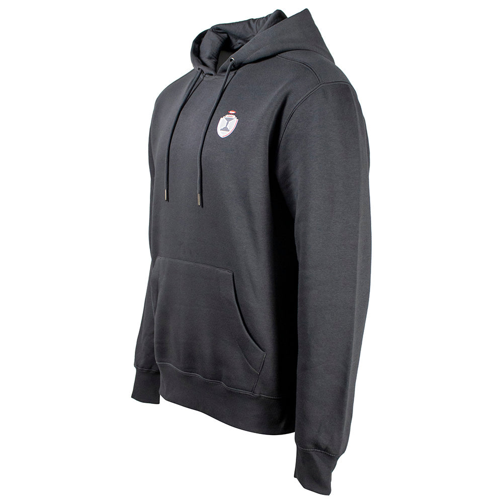 Side of a charcoal gray hoodie with 'Dow Championship' logo on the front left side.