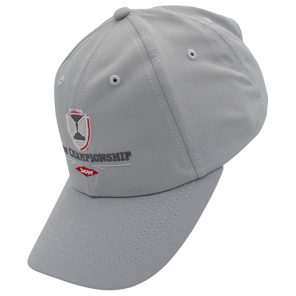 Side of a gray cap with embroidered text and logo on the front. 