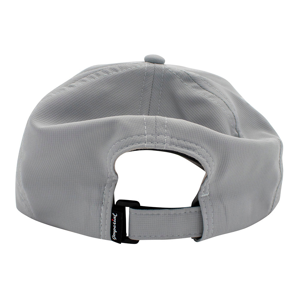 back of a gray cap with a hook and loop closure. 