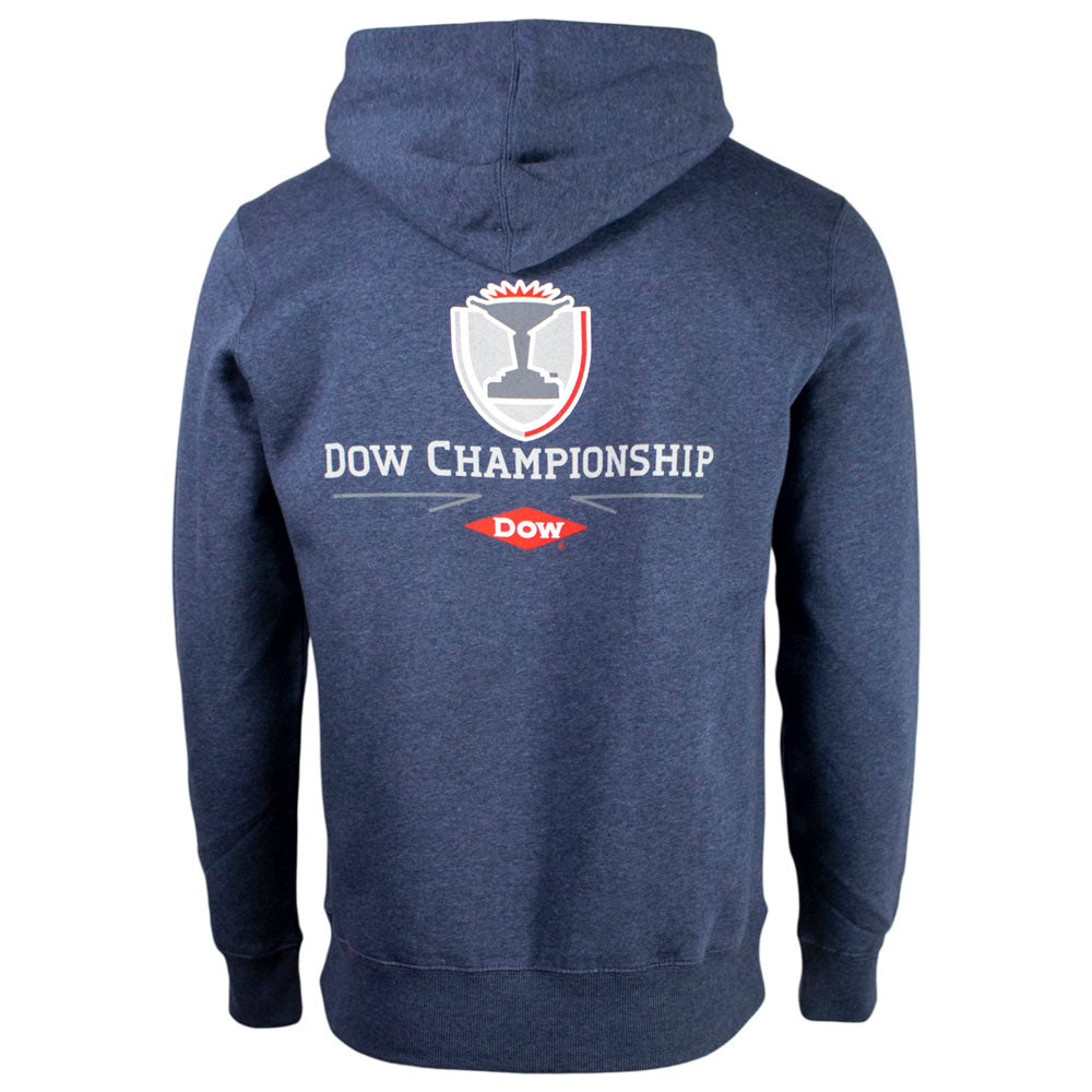 Back of a navy hoodie with a dow championship logo.