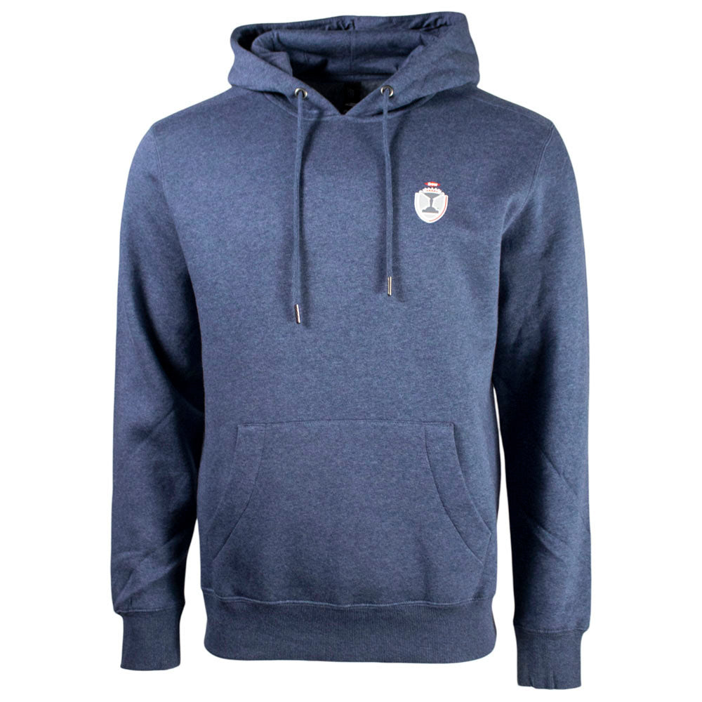 Navy hoodie with a dow championship logo on the left chest. 