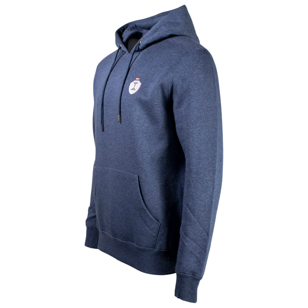 Side of a navy hoodie with a dow championship logo on the left chest. 