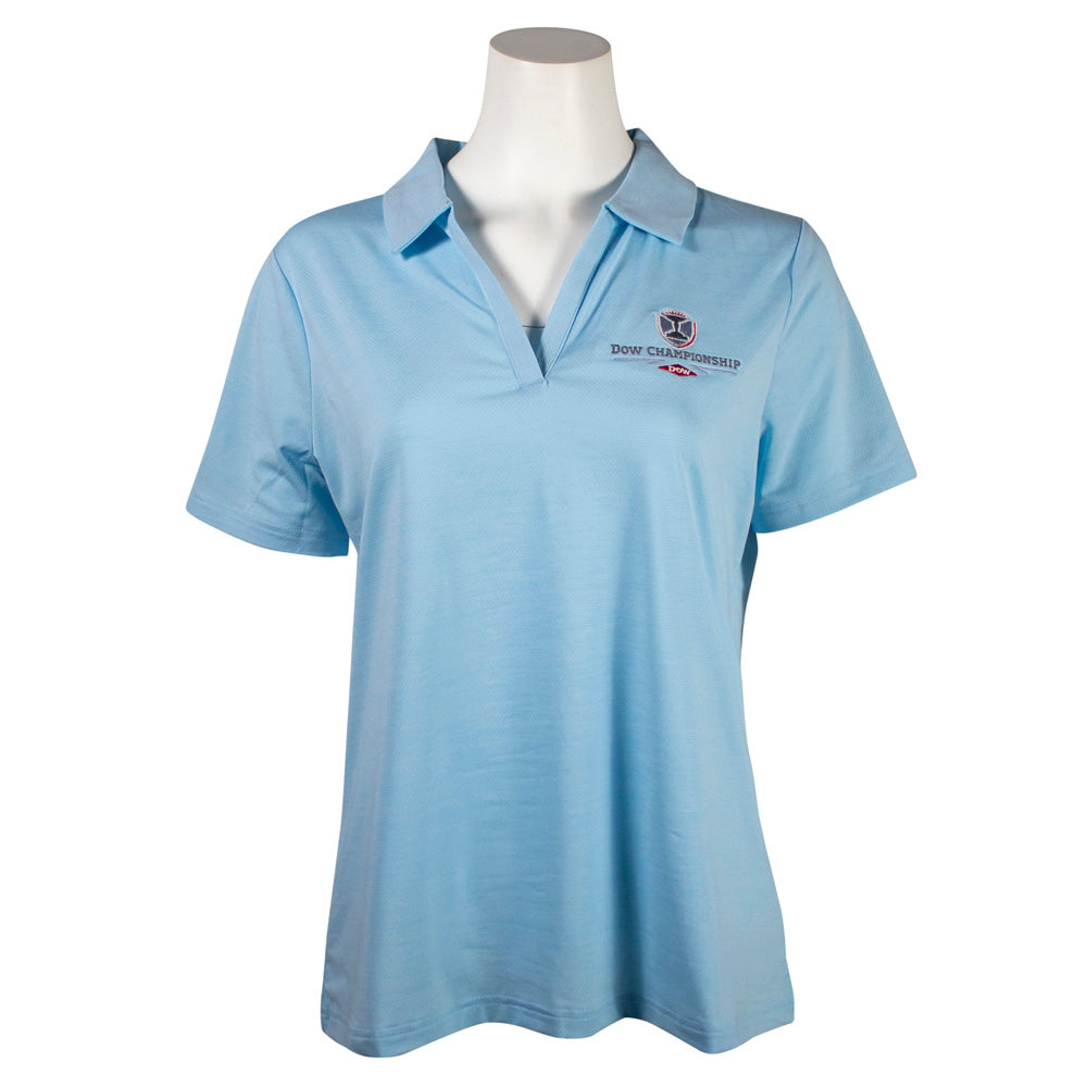 Light blue polo shirt with a dow championship logo on the left chest.