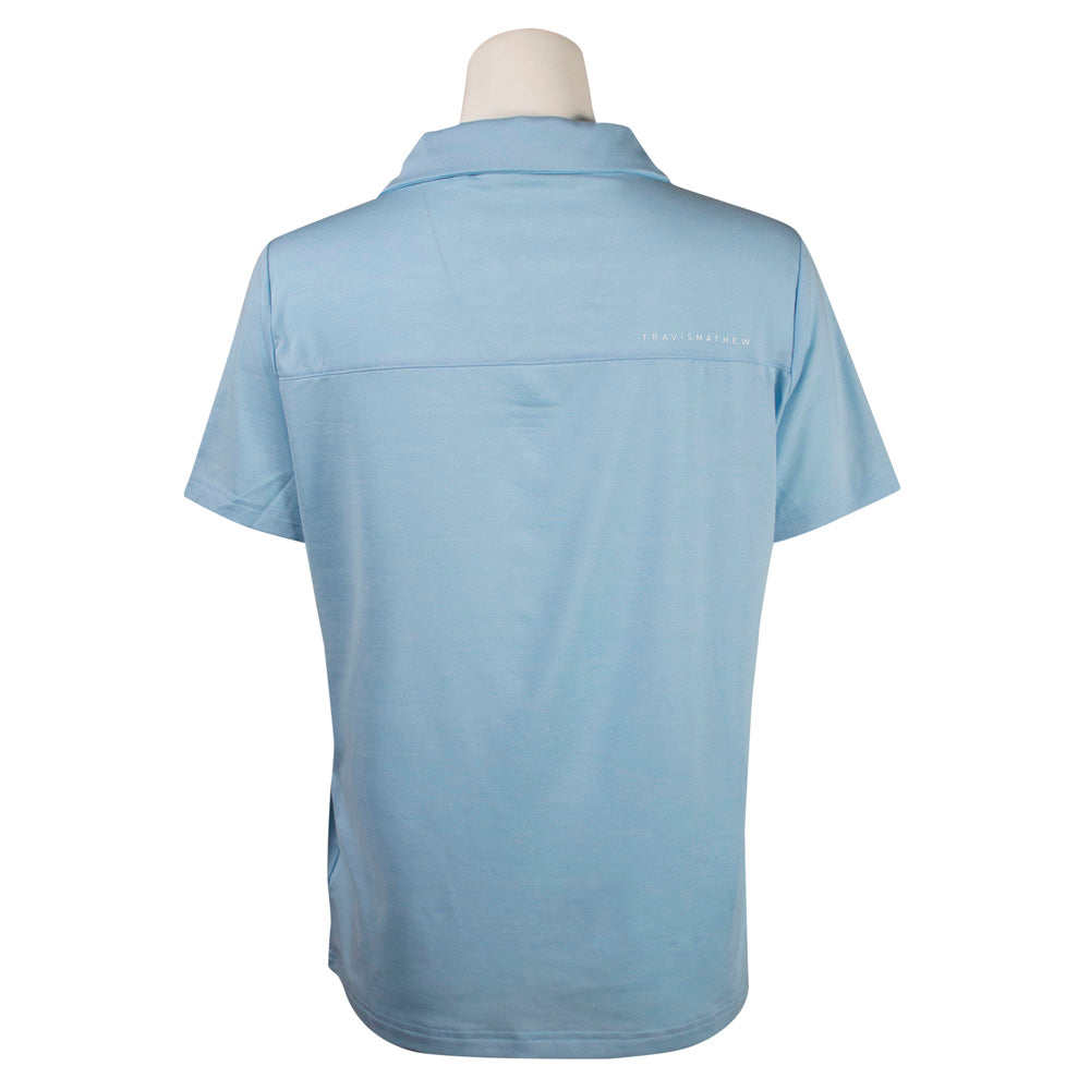 Back of a light blue polo shirt.