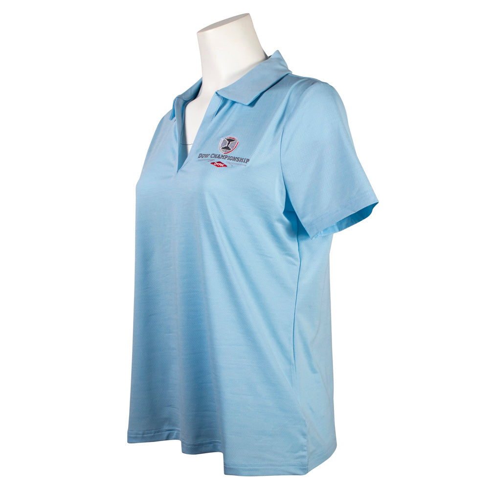 Side of a light blue polo shirt with a dow championship logo on the left chest.