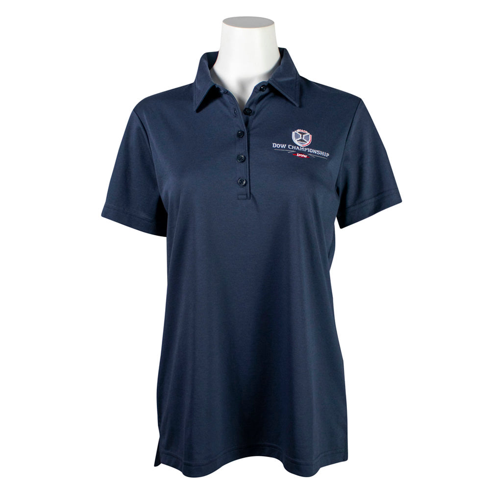 Navy ladies polo with a small dow championship logo on the left chest. 