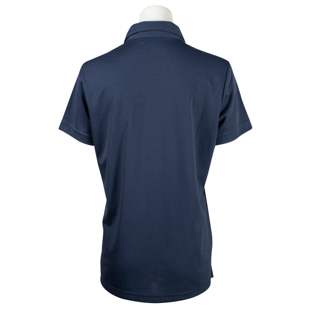 Navy blue polo shirt on a mannequin with a white background