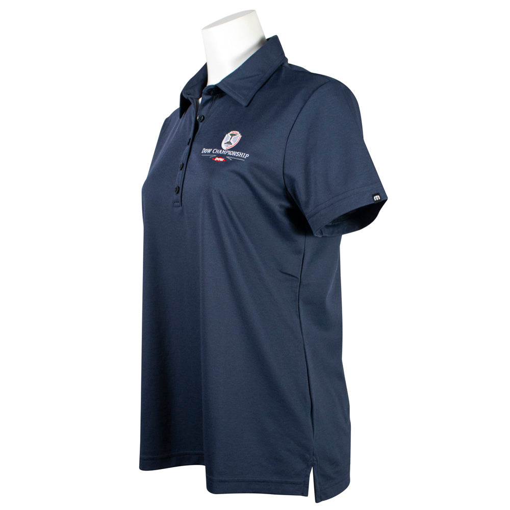 Side of a navy ladies polo with a small dow championship logo on the left chest. 