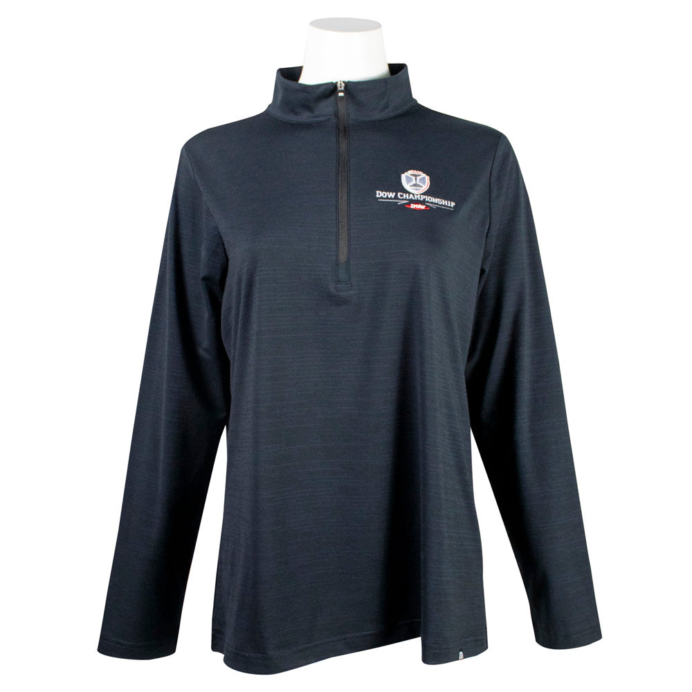 Black long-sleeve quarter zip with a small dow championship logo on the left chest. 