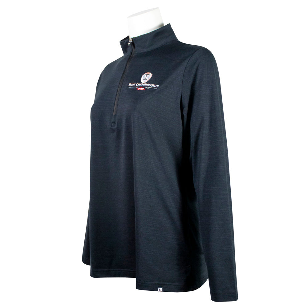 Side of a black long-sleeve quarter zip with a small dow championship logo on the left chest. 