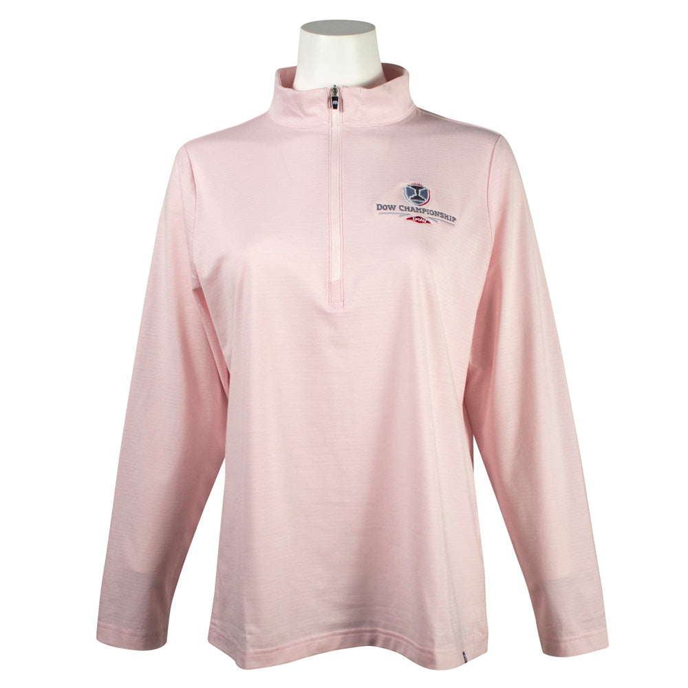 Light pink quarter zip with a dow championship logo on the left chest.