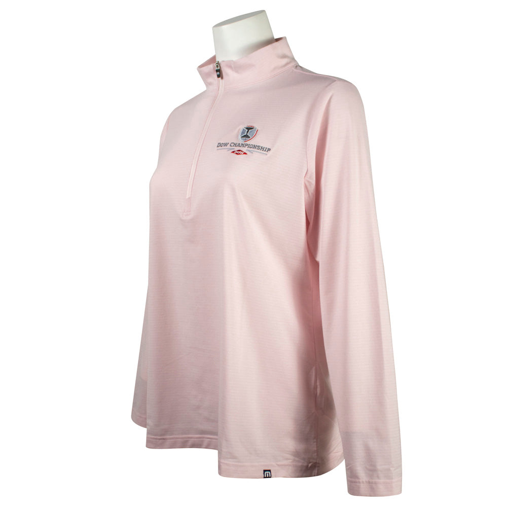 Side of a light pink quarter zip with a dow championship logo on the left chest.