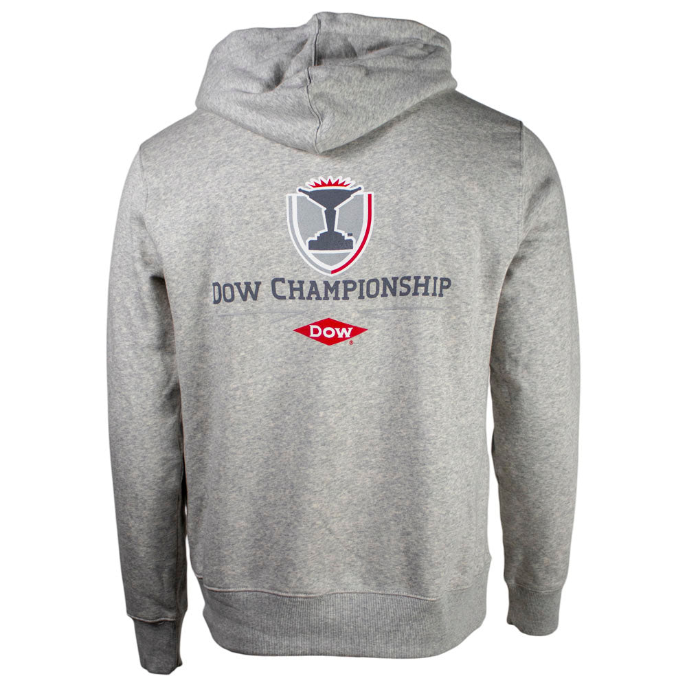 Light gray hoodie with 'Dow Championship' and 'Dow' logo on the back.
