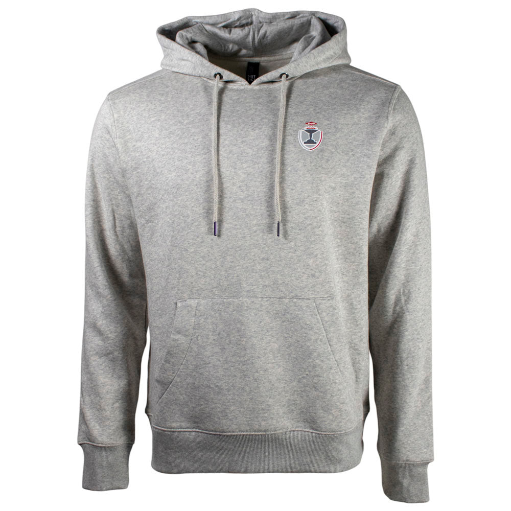 Light gray hoodie with a small logo on the chest.