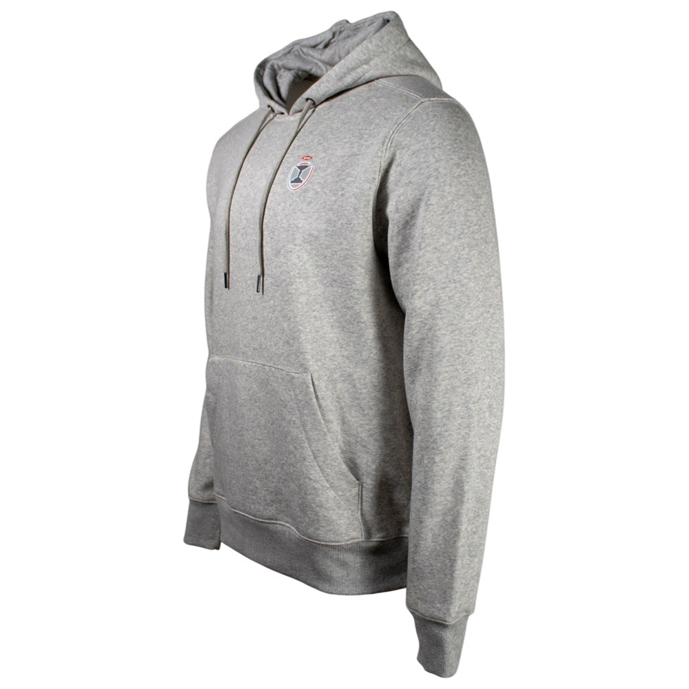Side of a light gray hoodie with a small logo on the chest.