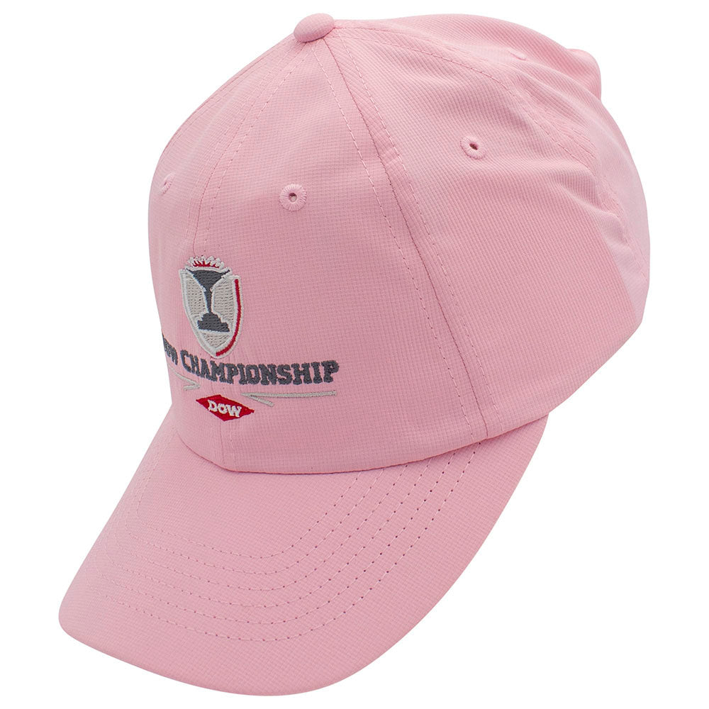 Side of a pink cap with a dow championship logo on the front.