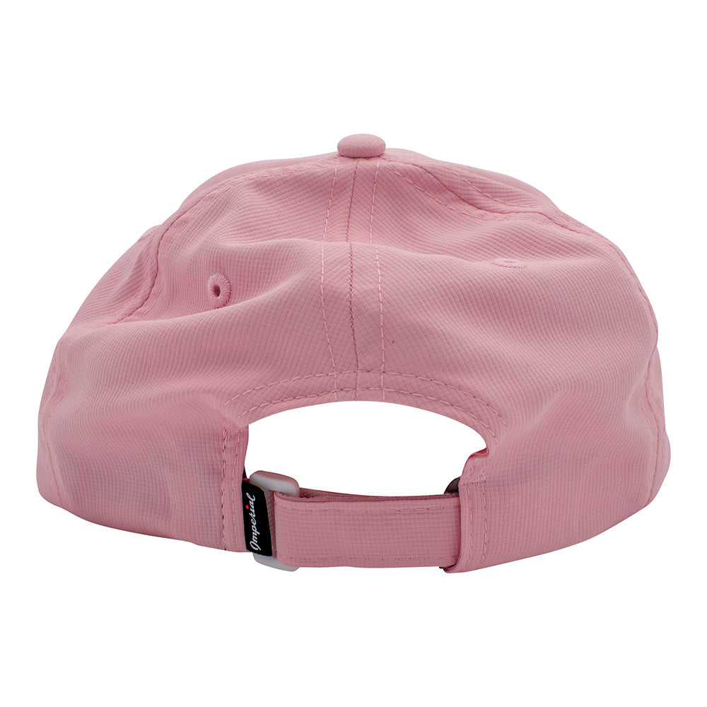 Back of a pink cap with a hook and loop closure. 