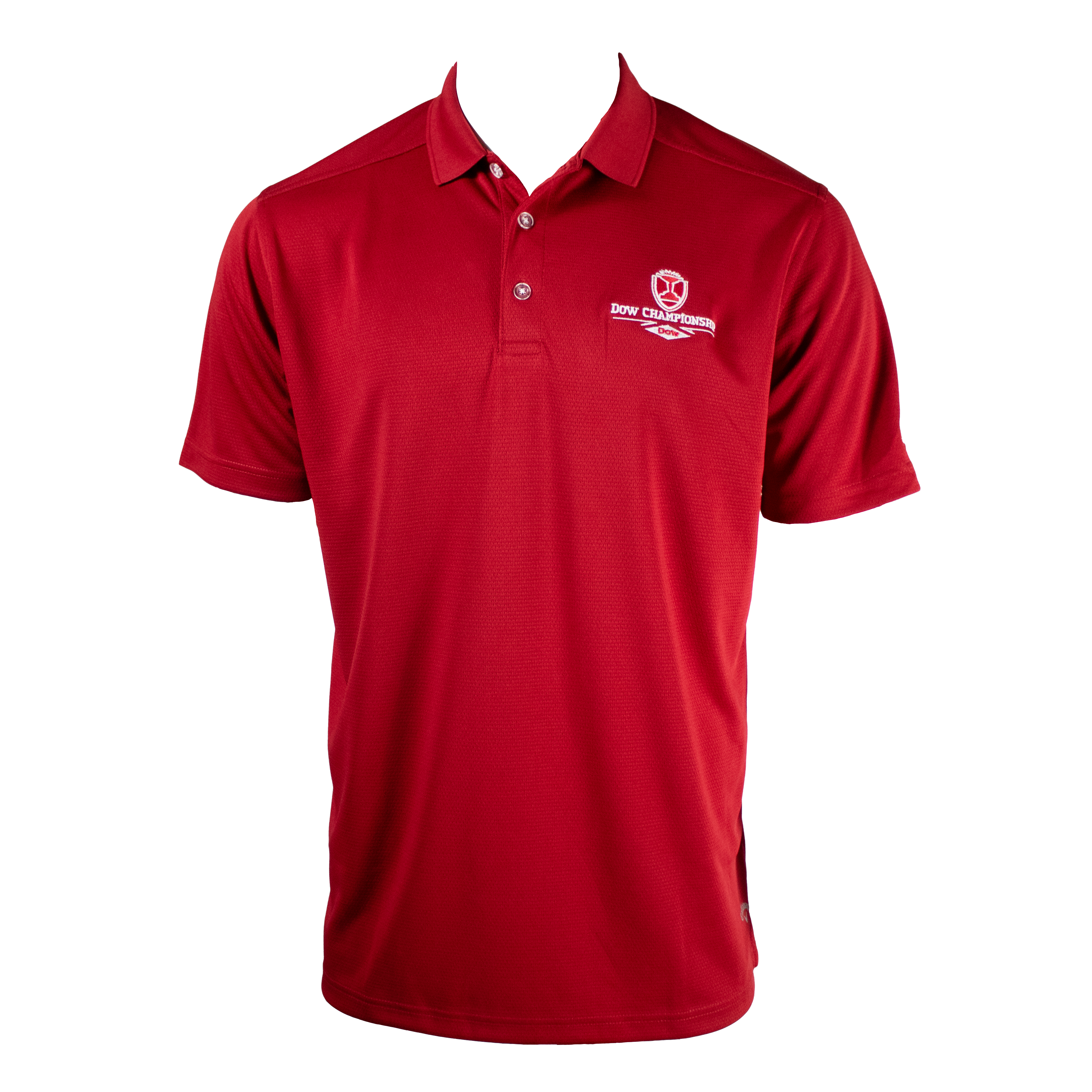 Front of a red polo with a white dow championship logo on the left chest. 