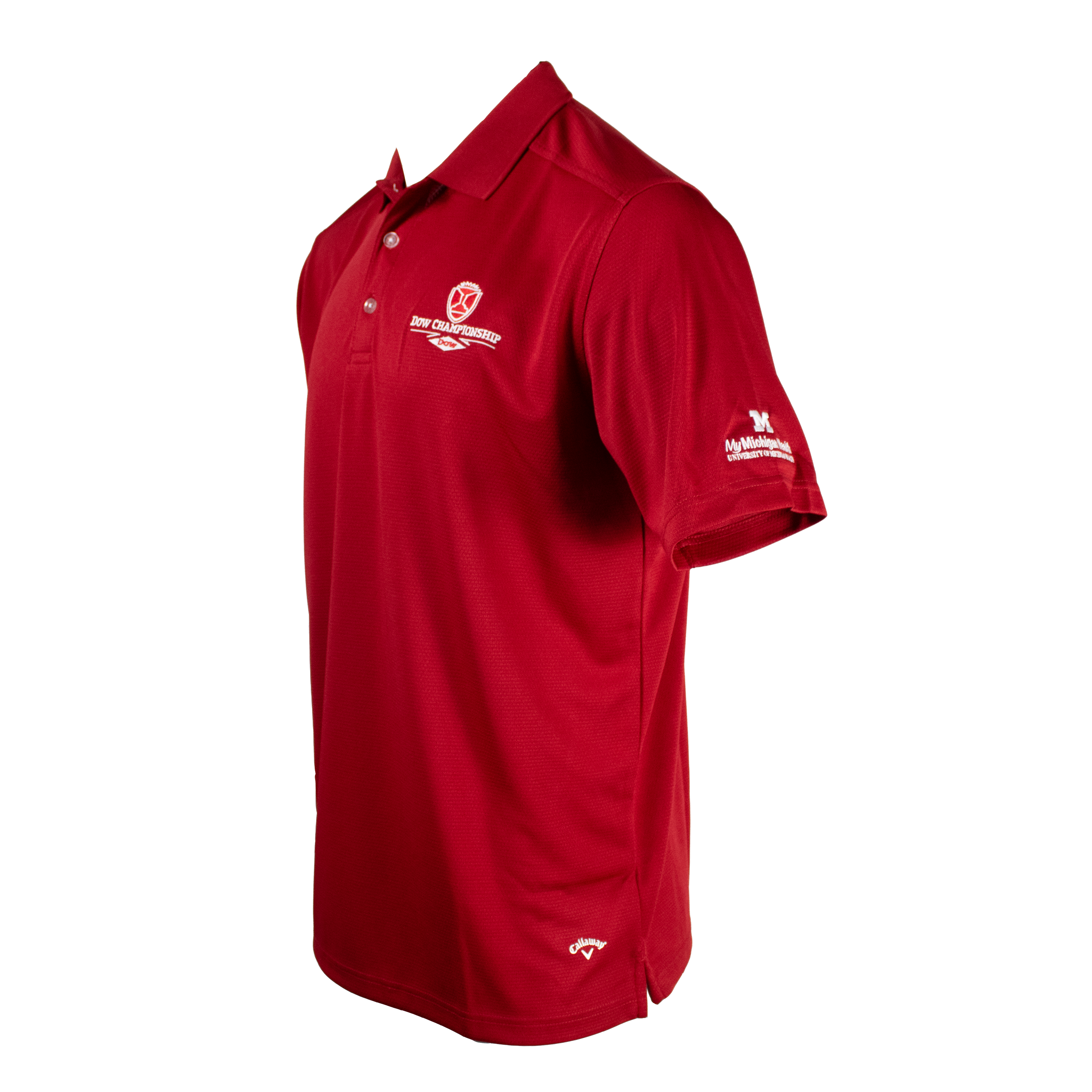 Side of a red polo with a white dow championship logo on the left chest. 