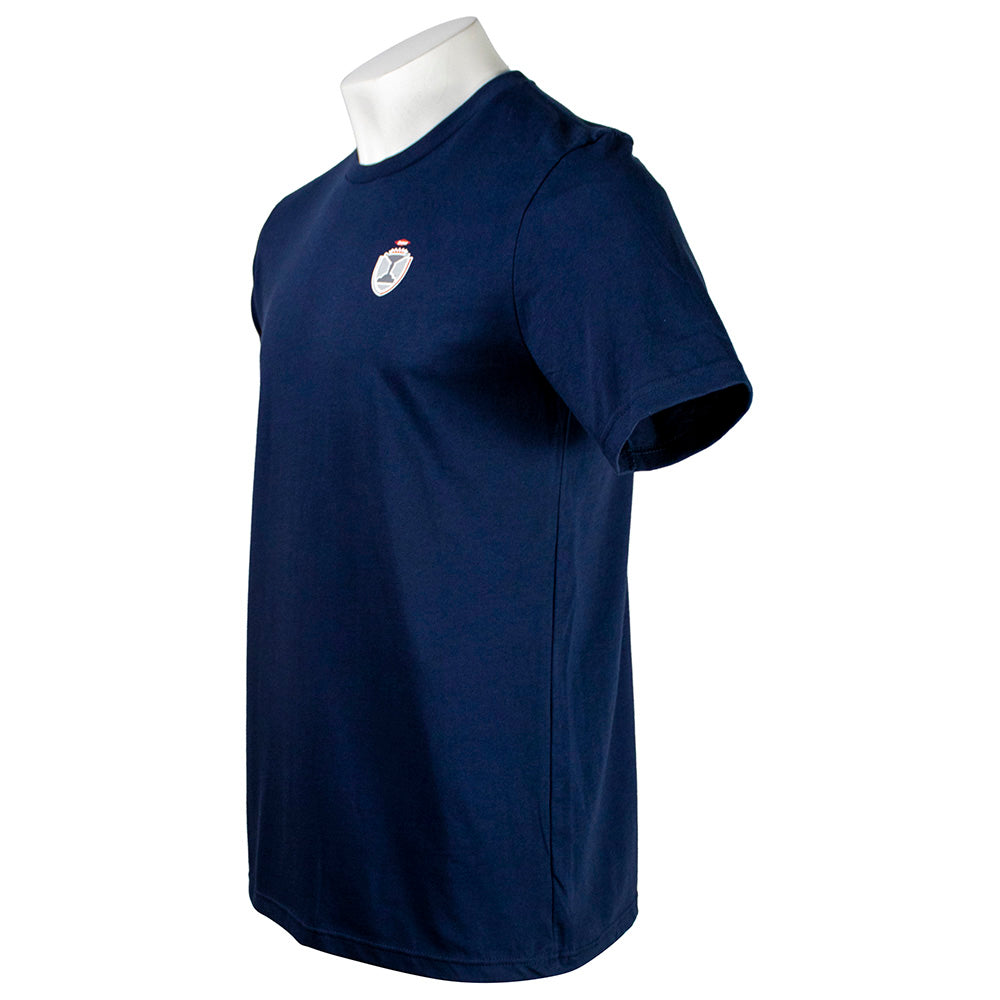 Navy T-shirt with the a small logo on the left side of the chest. 