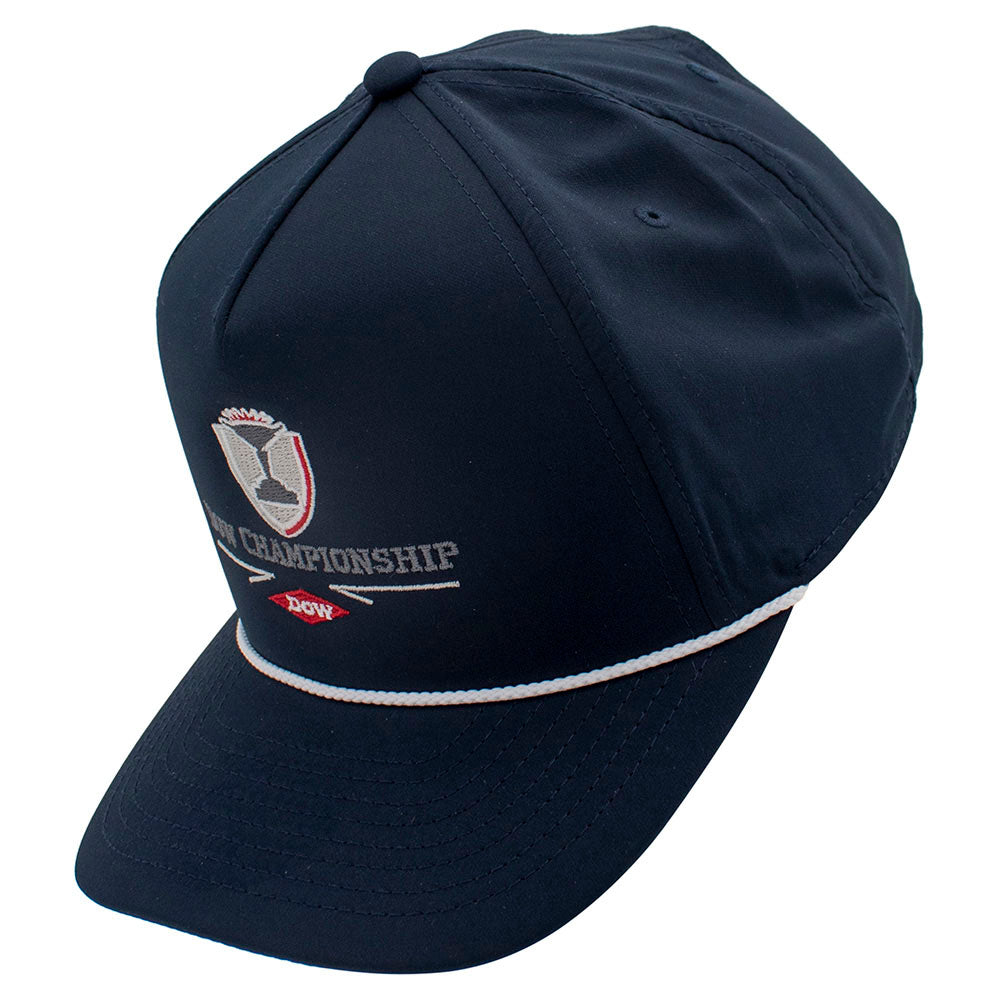 Side of a navy blue cap with a 'Dow Championship' logo on the front and a white rope across the bill.