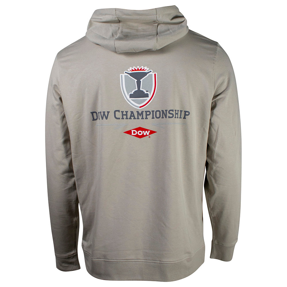 Light tan hoodie with the dow championship logo on the back. 