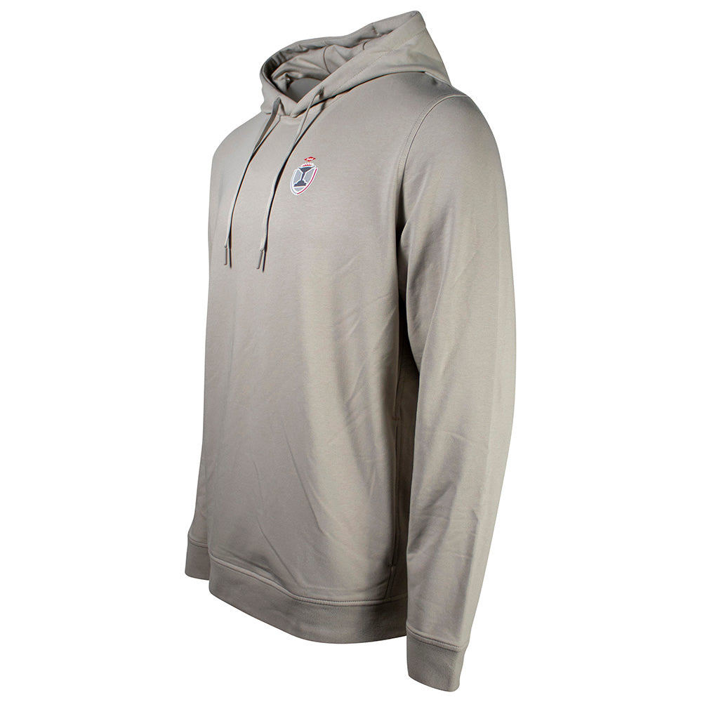 Side of a light tan hoodie with a small dow championship logo on the left chest.