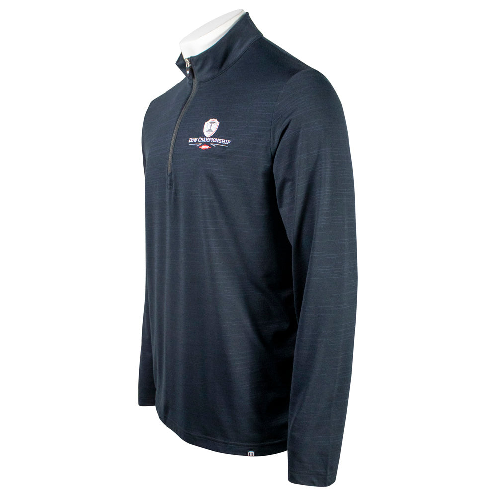 Side of a black long sleeve quarter zip with a small logo on the left chest. 