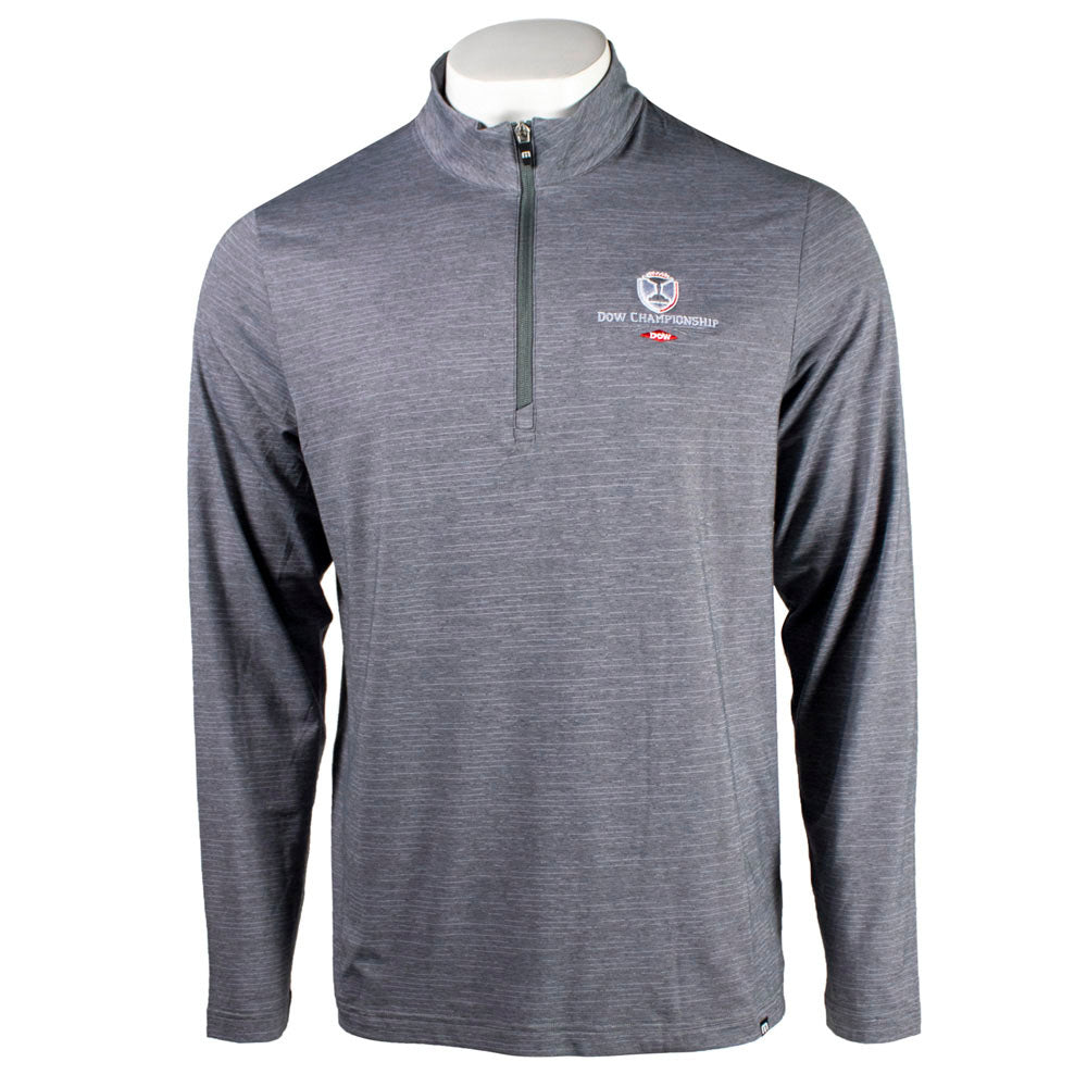 Gray long-sleeve half-zip shirt with a logo on the left chest. 