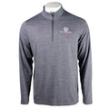 Gray long-sleeve half-zip shirt with a logo on the left chest. 