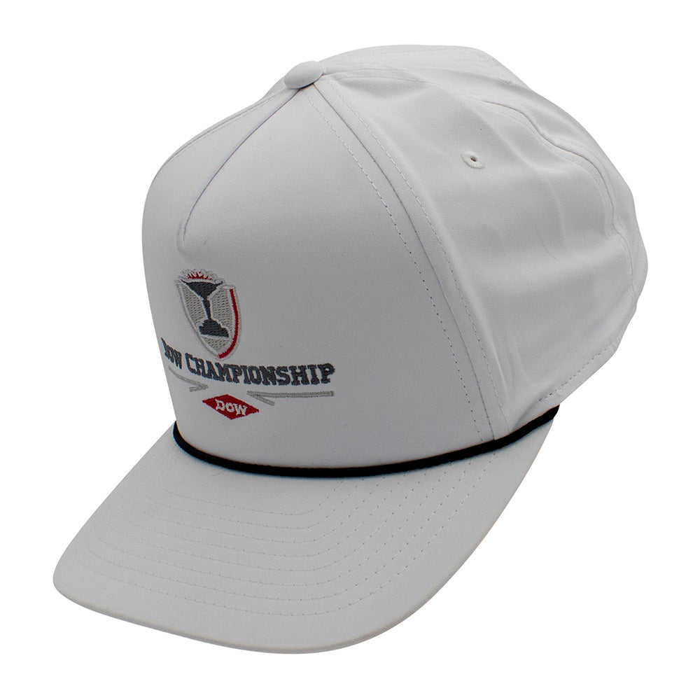 Side of a white cap with Dow Championship branding on the front.