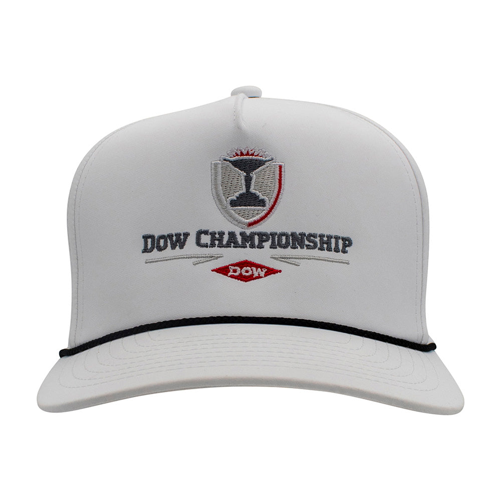 Front of a white cap with 'Dow Championship' logo and a black rope across the bill.